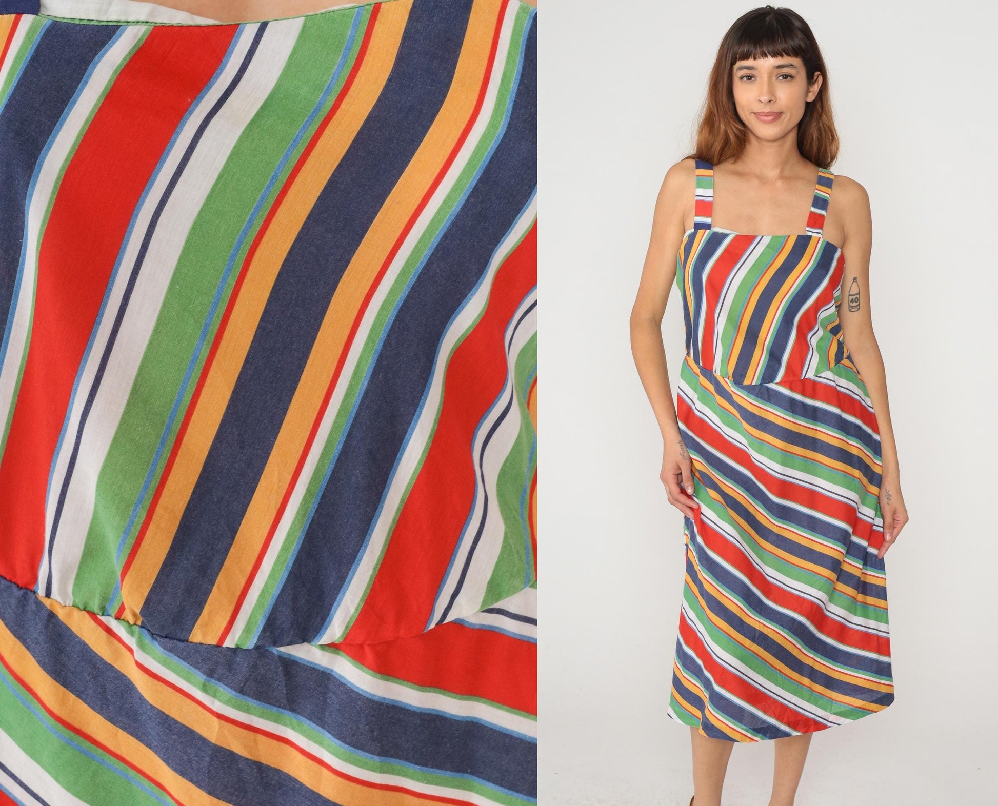 80s Rainbow Striped Midi Dress Diagonal Geometric Navy Red Green Yellow Sleeveless Large