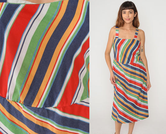 80s Rainbow Striped Midi Dress Diagonal Geometric Navy Red Green Yellow Sleeveless Large