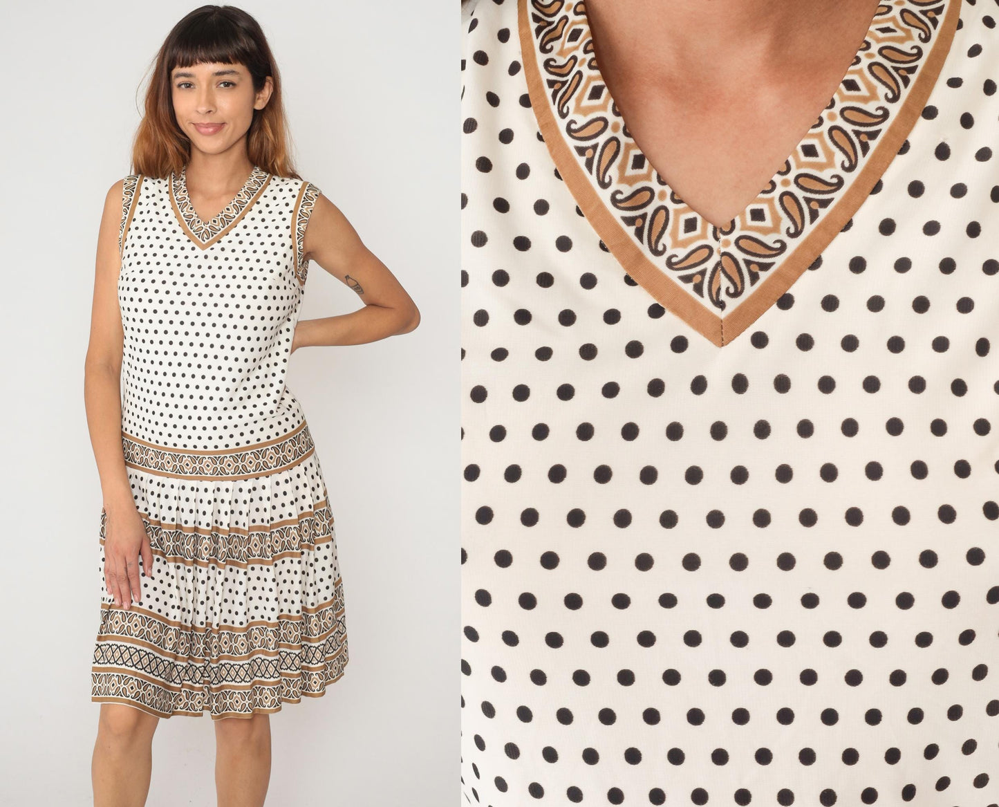 60s Sacony Ciella Drop Waist Shift Dress Cream Brown Polka Dot Small