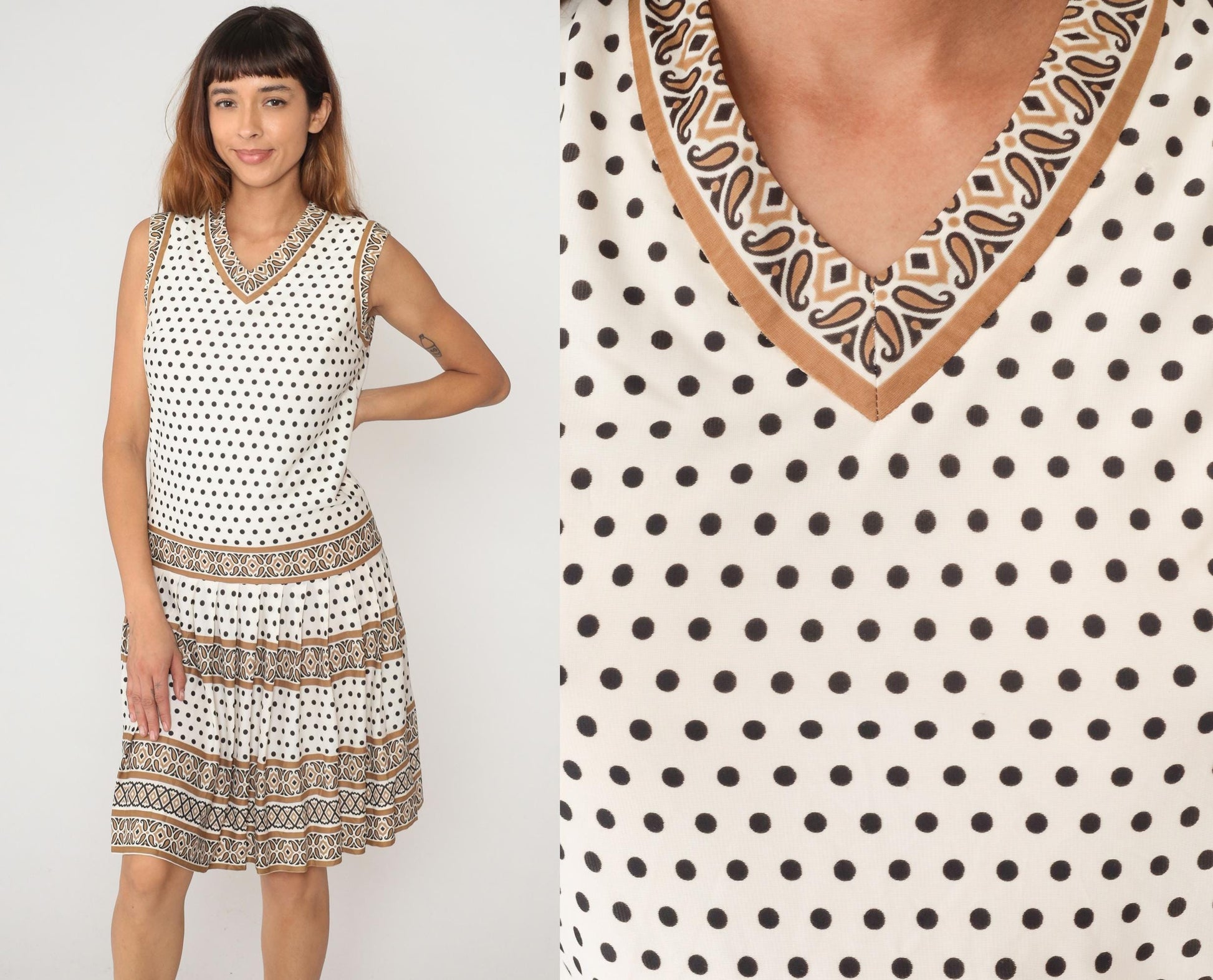 60s Sacony Ciella Drop Waist Shift Dress Cream Brown Polka Dot Small