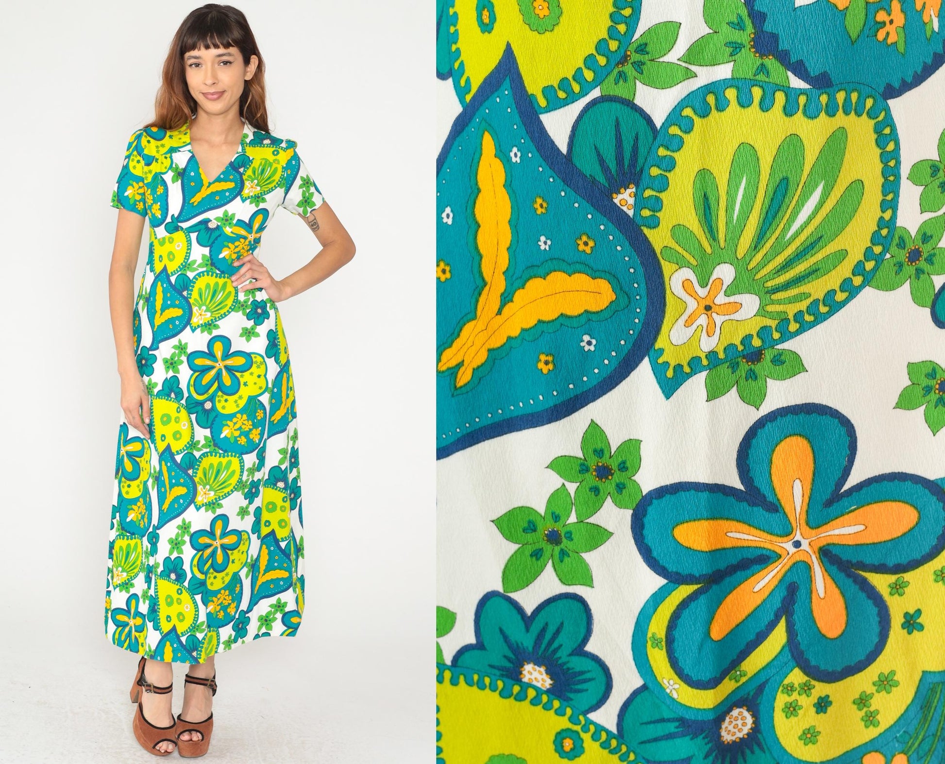70s Psychedelic Floral Maxi Dress Bark Cloth Collared Short Sleeve Medium