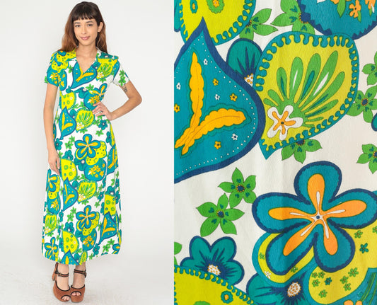 70s Psychedelic Floral Maxi Dress Bark Cloth Collared Short Sleeve Medium