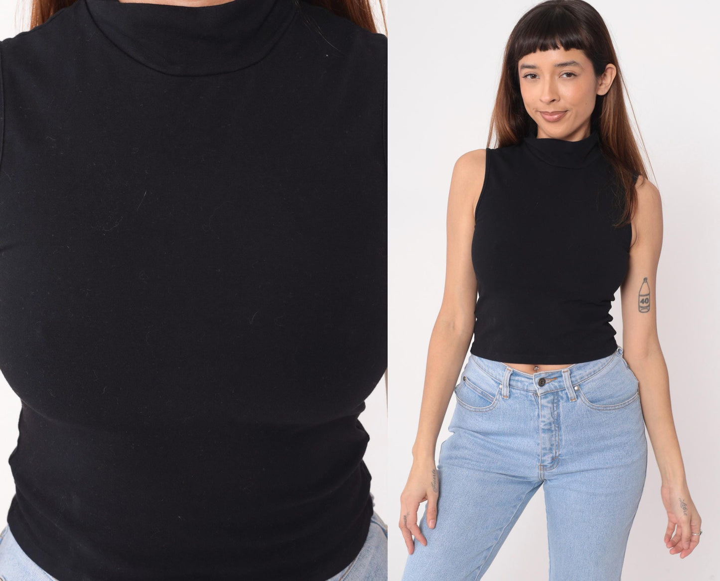90s Black Sleeveless Mock Turtleneck Crop Top Cotton Knit Small