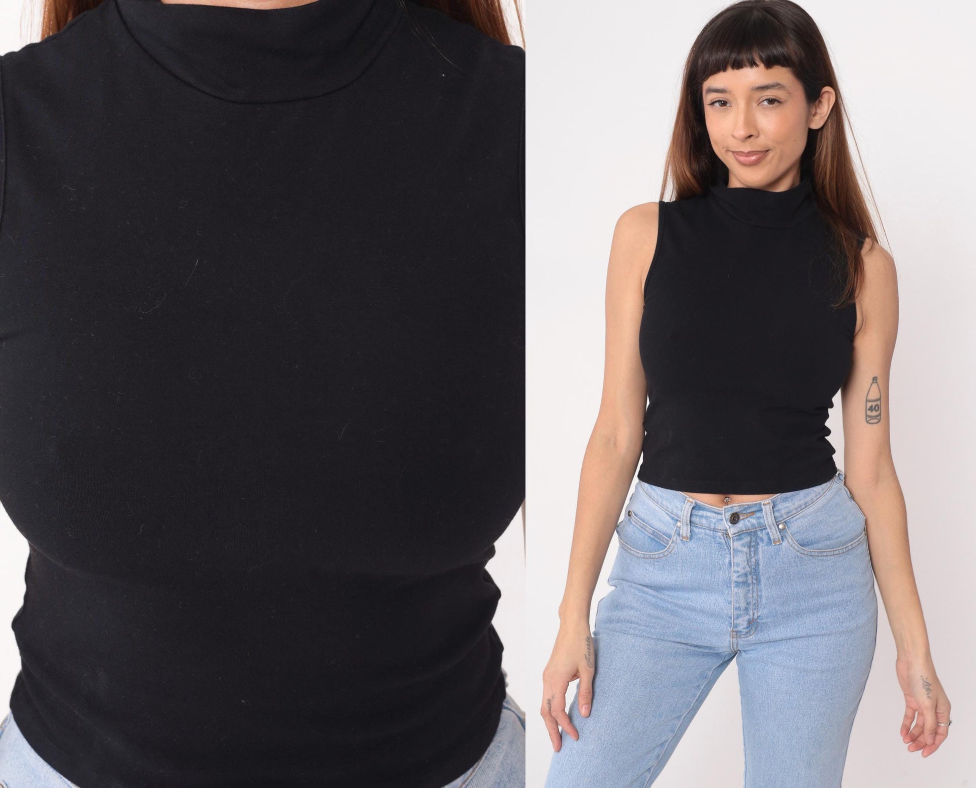90s Black Sleeveless Mock Turtleneck Crop Top Cotton Knit Small