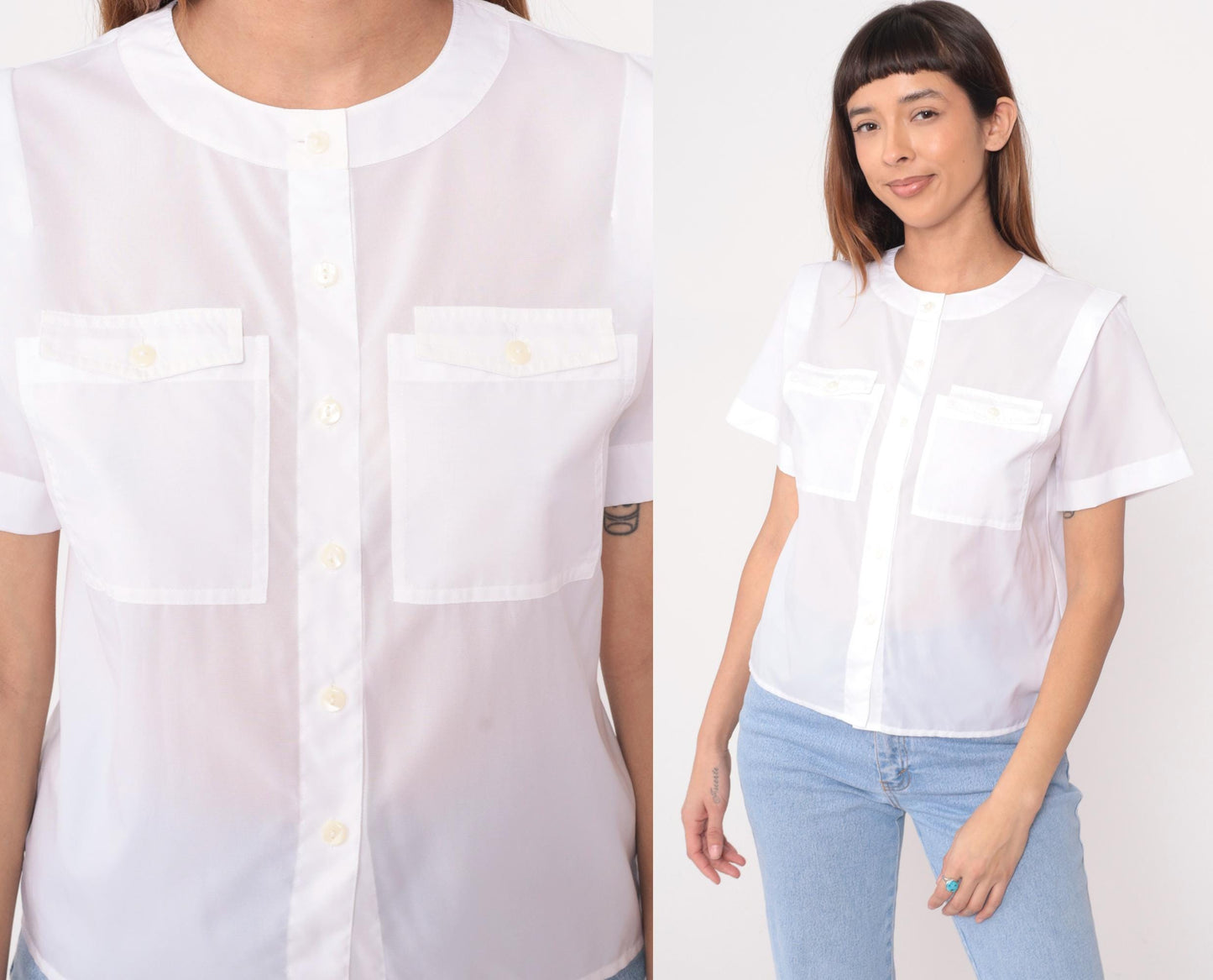 80s White Peter Pan Collar Button-Up Shirt Short Sleeve Medium
