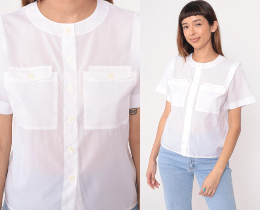 80s White Peter Pan Collar Button-Up Shirt Short Sleeve Medium