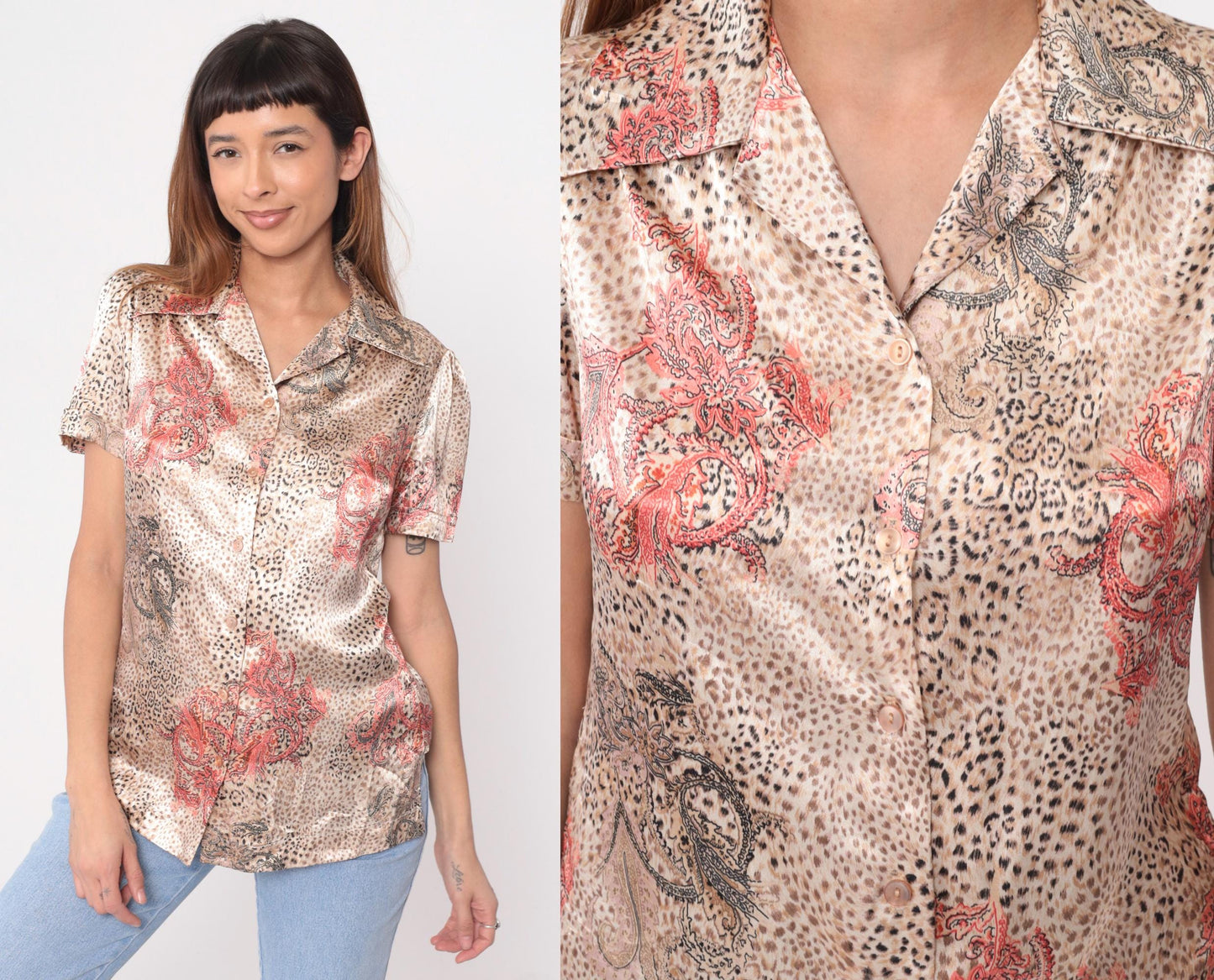 80s Leopard Paisley Satin Blouse Coral Pink Brown Animal Print Collared Medium M