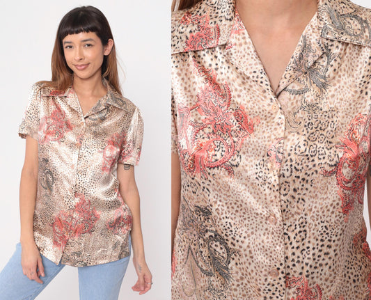 80s Leopard Paisley Satin Blouse Coral Pink Brown Animal Print Collared Medium M