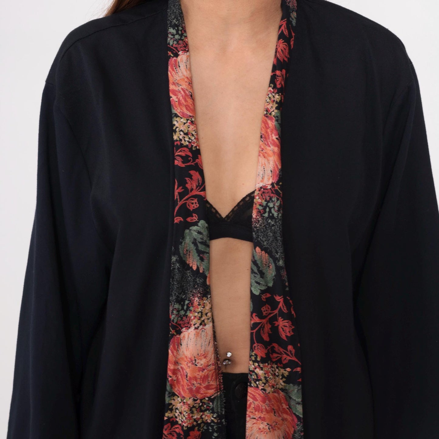 90s Black Kimono Cardigan Floral Rose Garden Trim Open Front Rayon Large