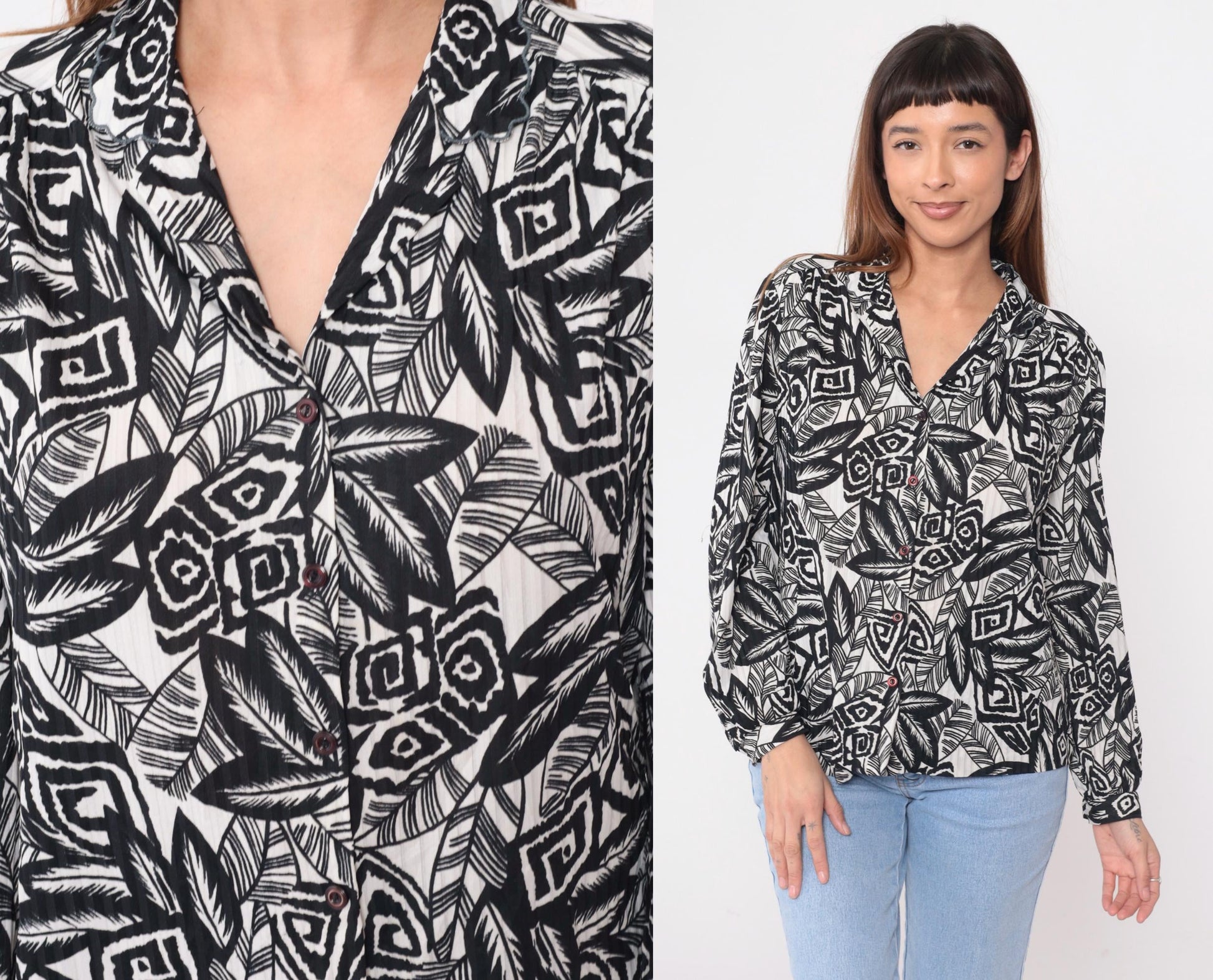 90s Black White Abstract Geometric Blouse Long Sleeve Button Front Large L