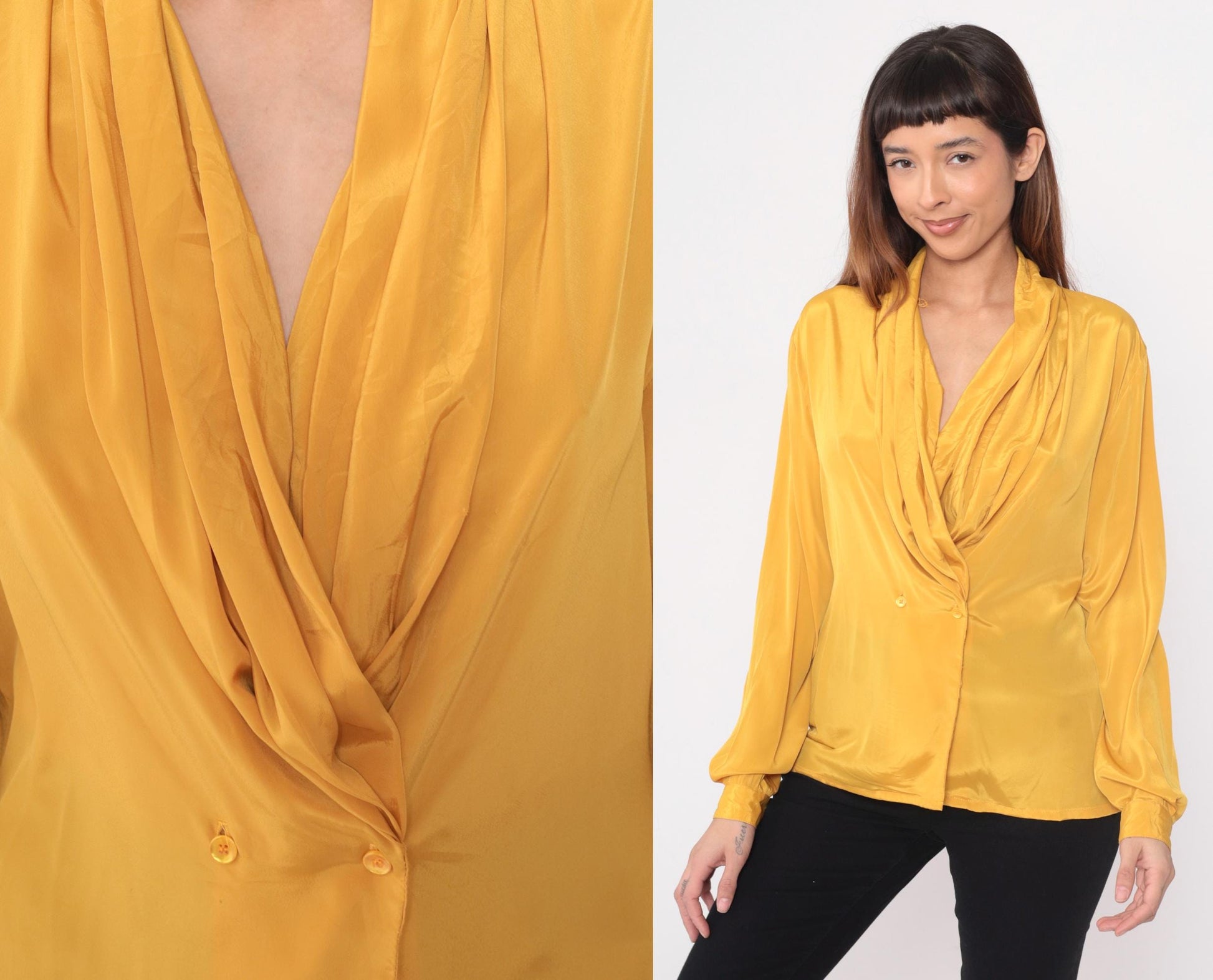 90s Impressions Golden Yellow Wrap Blouse Surplice Neckline Long Sleeve Large L