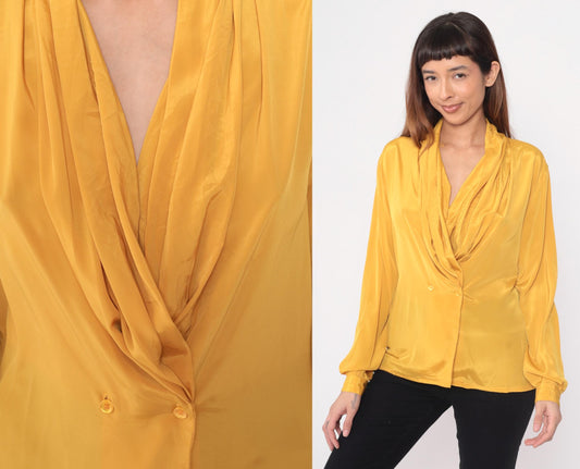 90s Impressions Golden Yellow Wrap Blouse Surplice Neckline Long Sleeve Large L