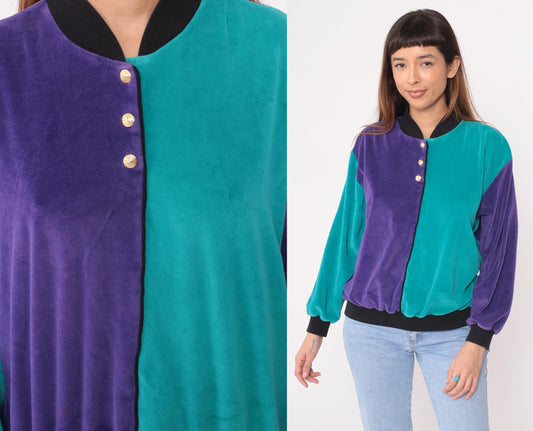80s Terrycloth Colorblock Bomber Jacket Purple Teal Gold Buttons Medium