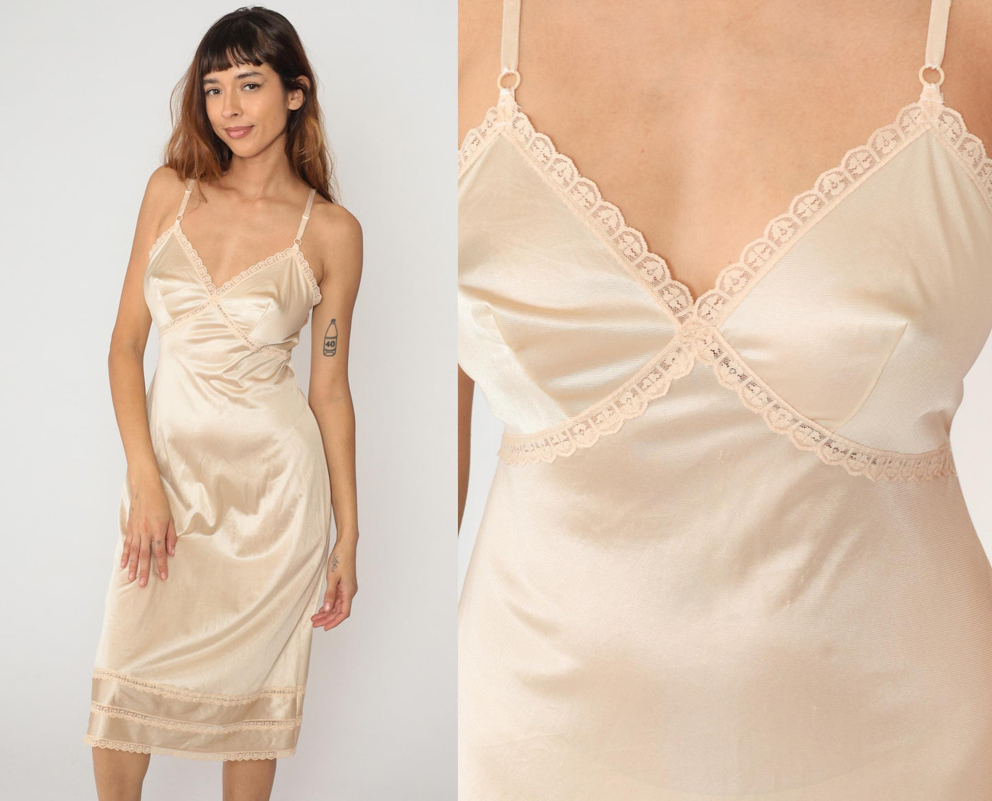 70s Cream Satin Slip Dress Sears Lace Trim Spaghetti Strap Small
