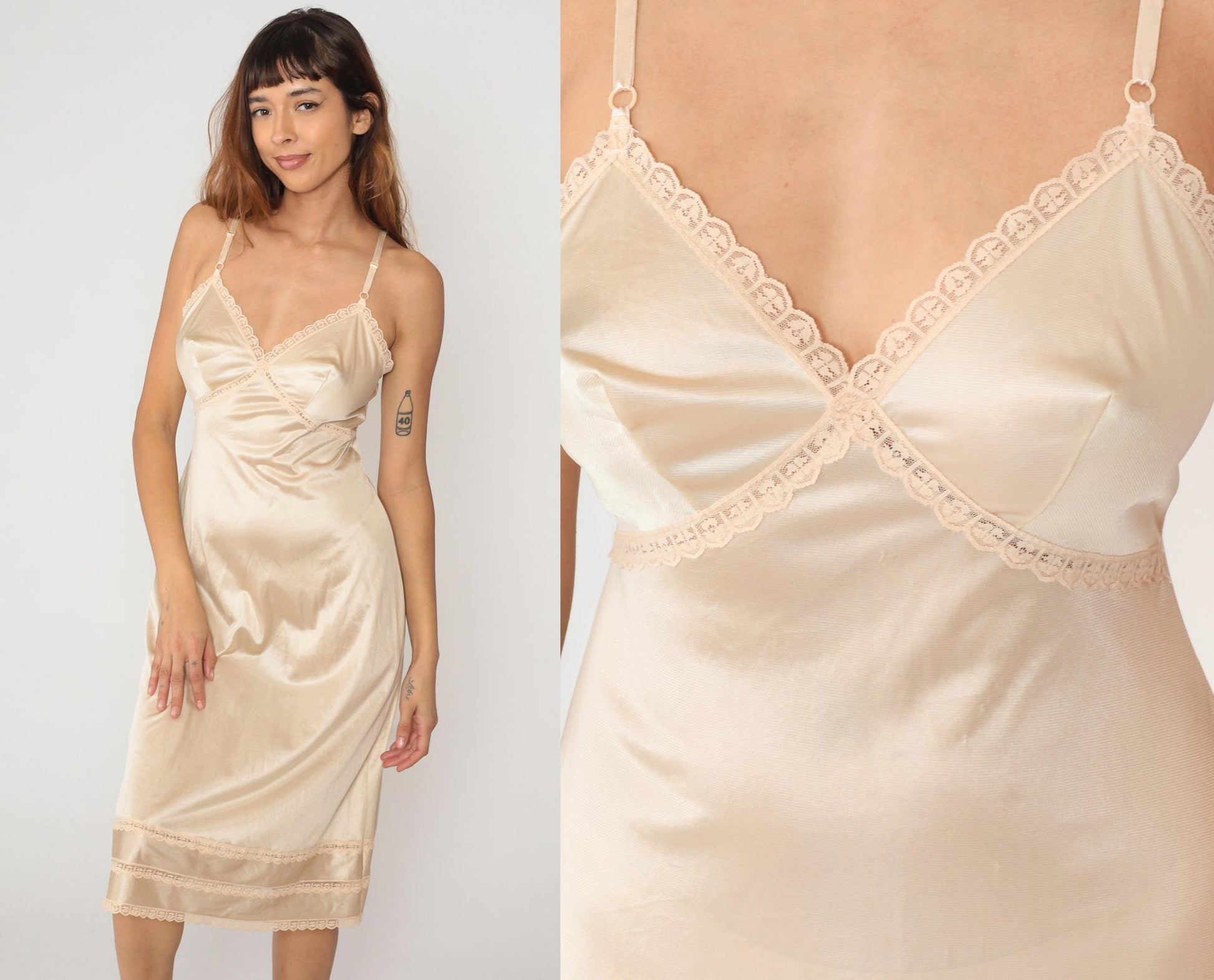 70s Cream Satin Slip Dress Sears Lace Trim Spaghetti Strap Small