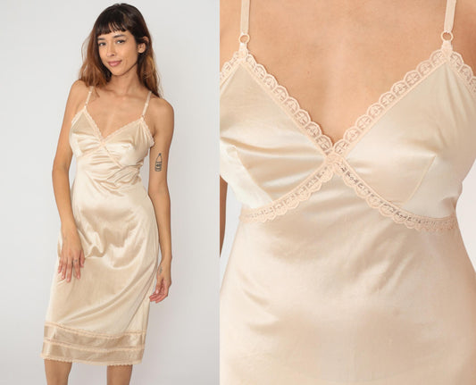 70s Cream Satin Slip Dress Sears Lace Trim Spaghetti Strap Small