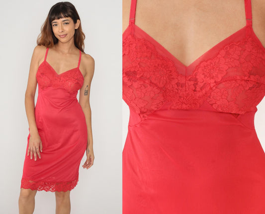 80s Warners Red Lace Slip Dress Knee Length Nylon Spaghetti Strap Medium