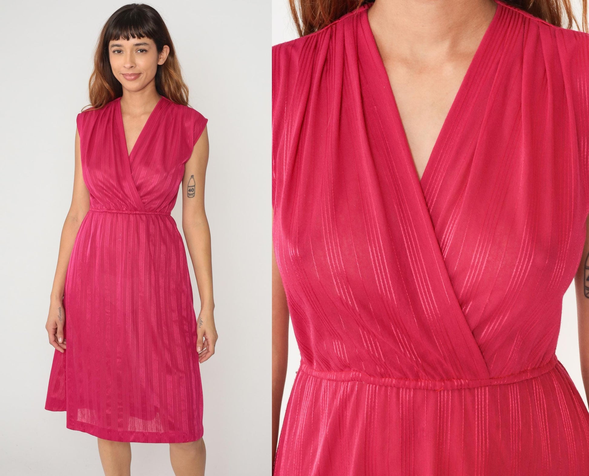80s Hot Pink Wrap Dress V-Neck Knee Length Striped Small Medium