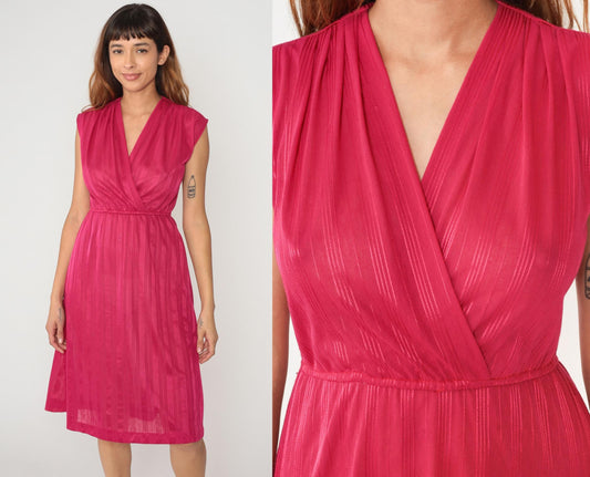 80s Hot Pink Wrap Dress V-Neck Knee Length Striped Small Medium