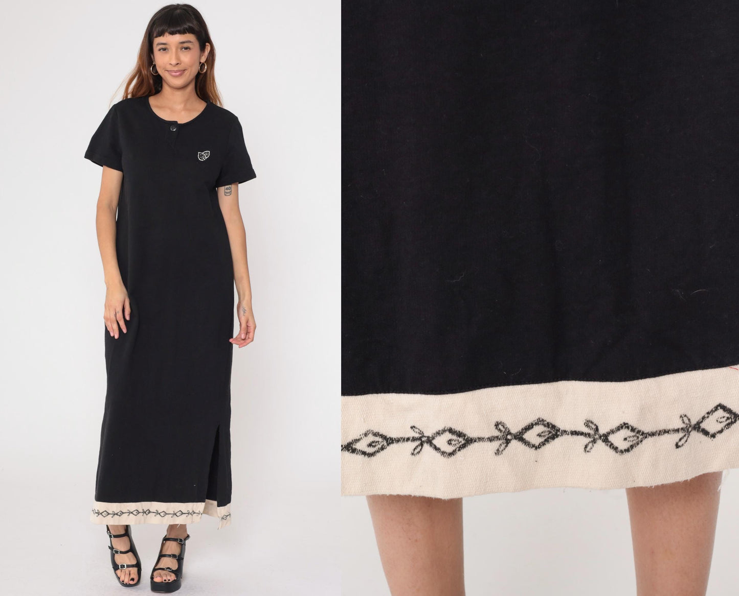 90s Black Cotton Maxi Dress Short Sleeve Embroidered Contrast Hem Medium M