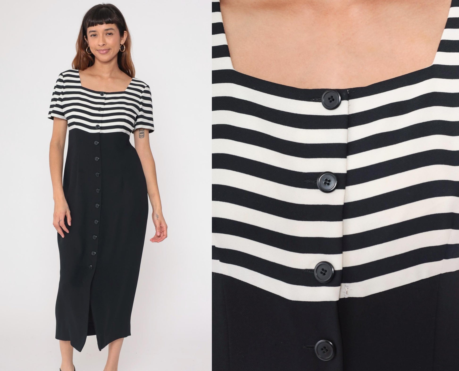 90s Liz Claiborne Striped Midi Dress Black White Button Front Medium