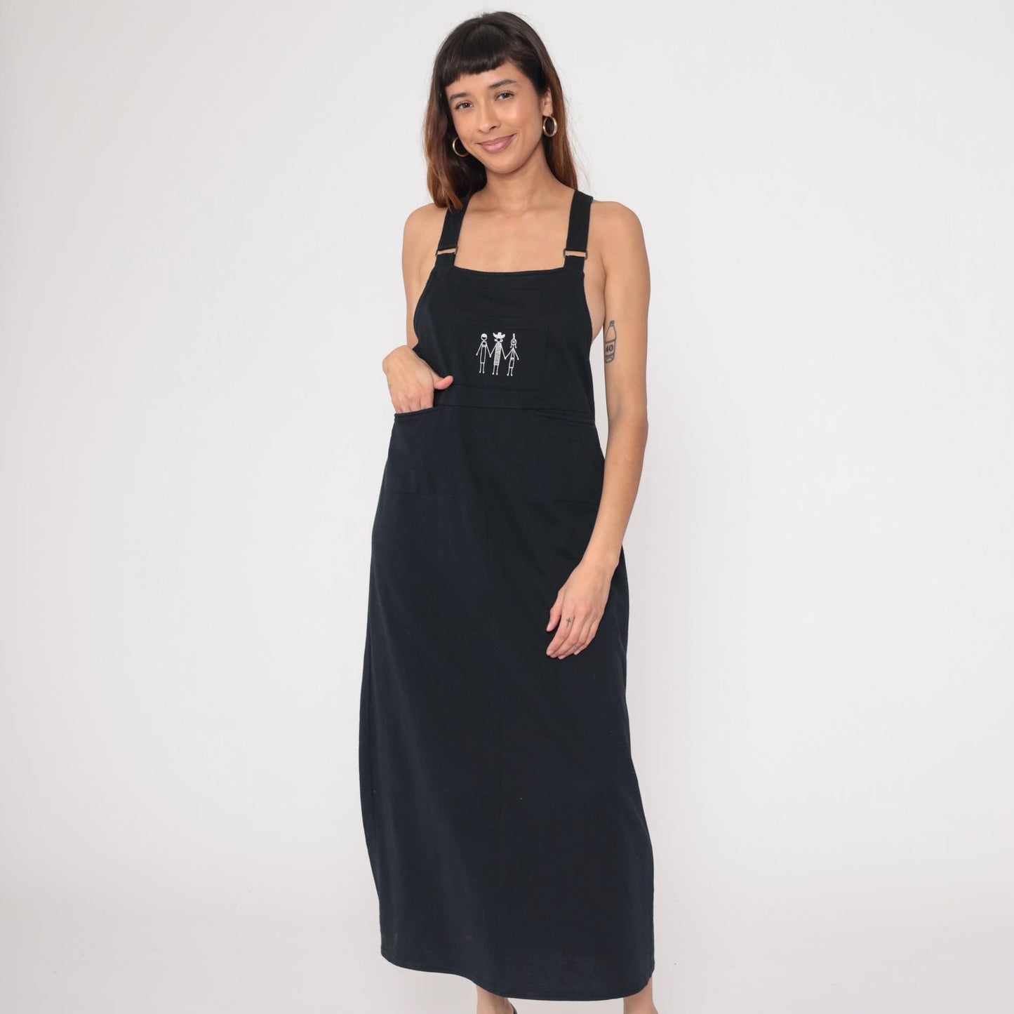 90s California Concepts Black Maxi Dress Stick Figure Embroidery Square Neck Medium Large