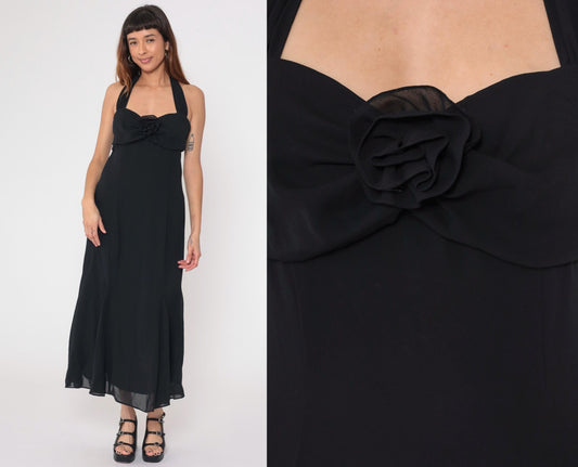 Gunne Sax Jessica McClintock 90s Black Halter Maxi Dress Medium M