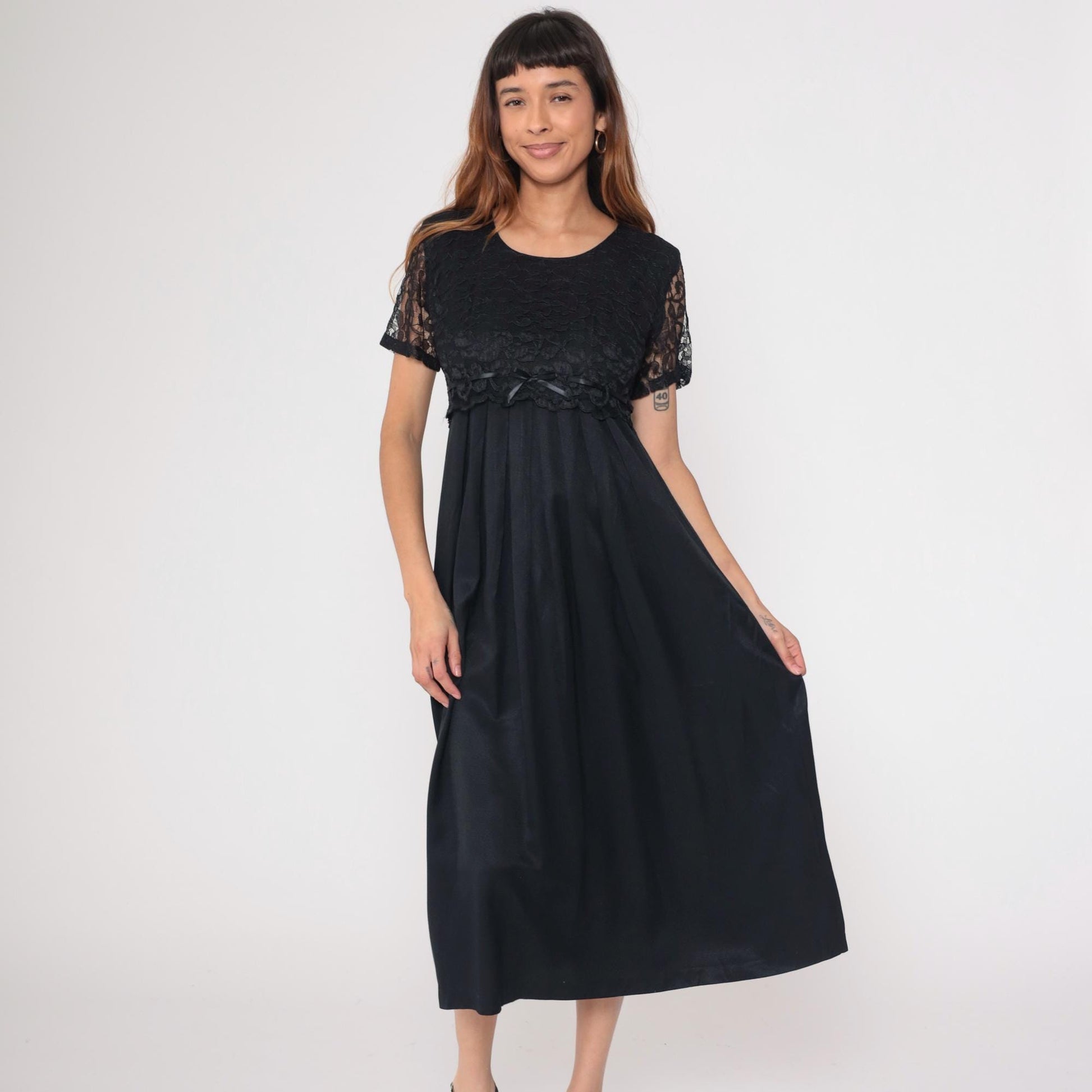 90s Black Lace Empire Waist Midi Dress Bow Detail Medium M
