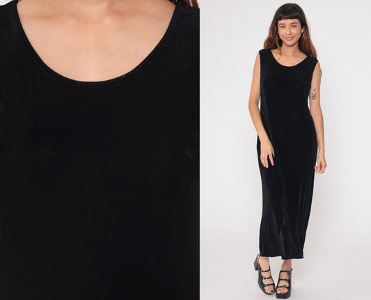 90s Black Sleeveless Column Maxi Dress Scoop Neck Side Slit Medium