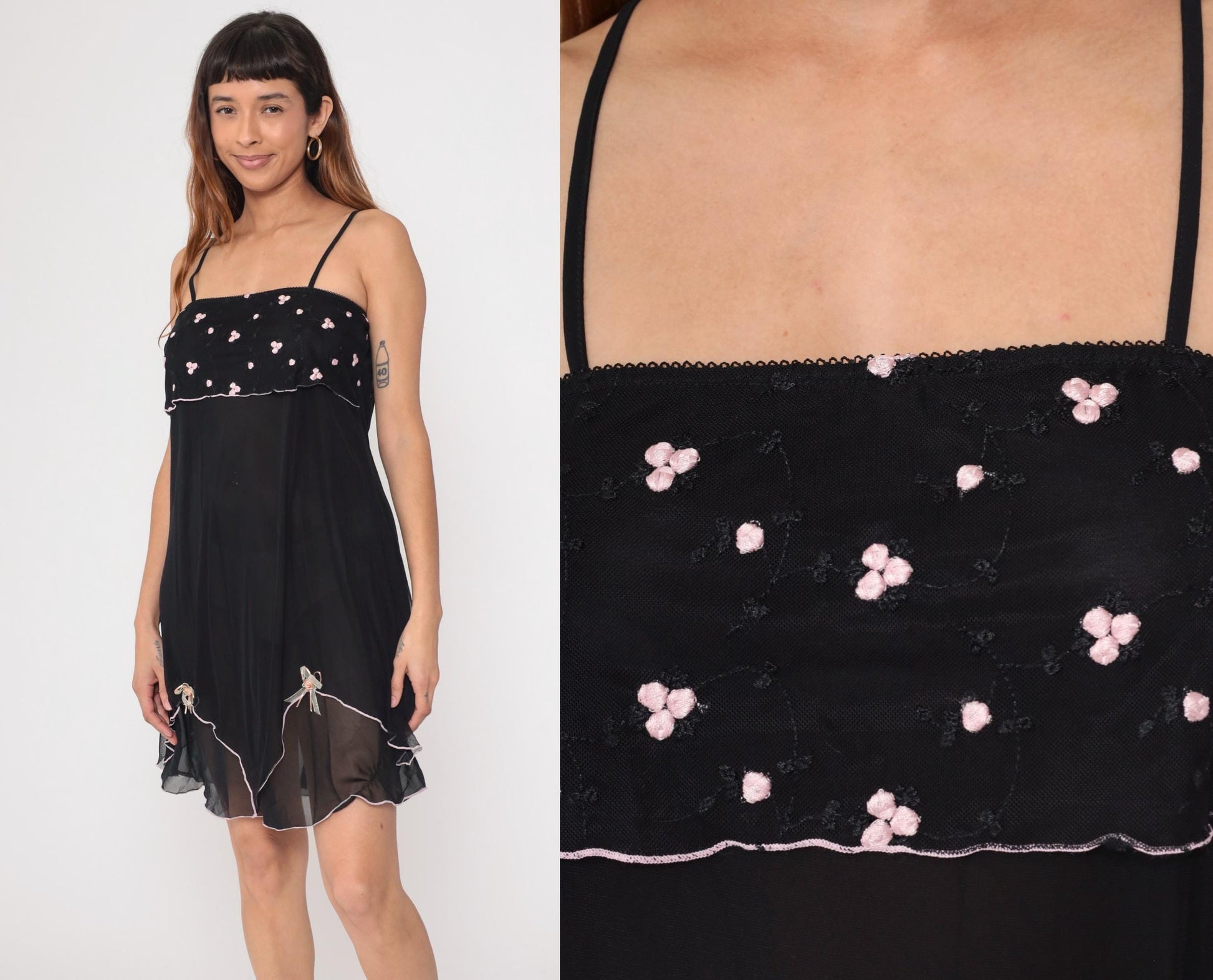 Y2K Black Mini Dress Pink Floral Embroidered Empire Waist Plus Size XXL