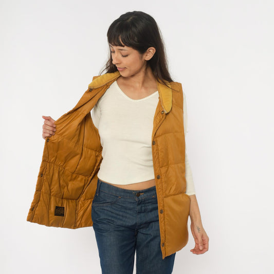 80s Eddie Bauer Down Vest Mustard Yellow Quilted Snap Front Large L