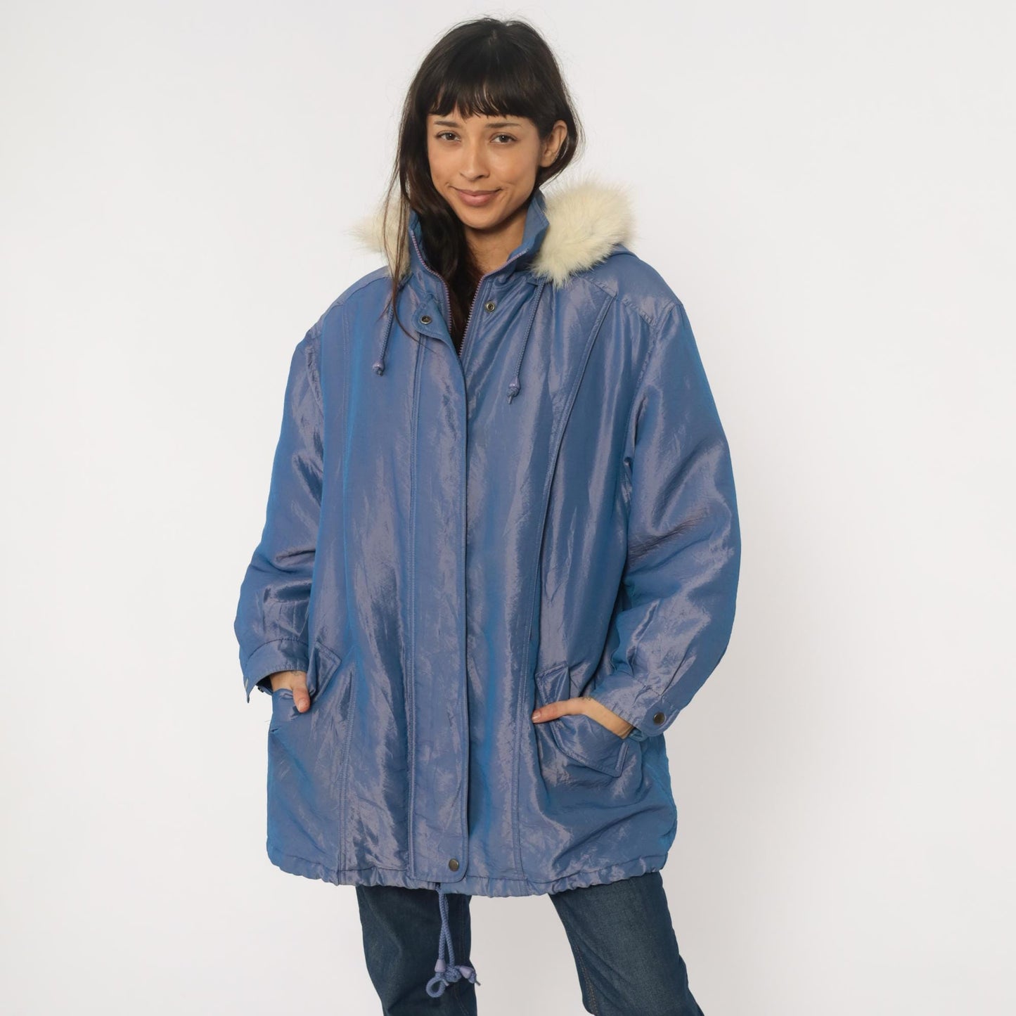80s Periwinkle Iridescent Puffer Jacket Fur Trim Hood Windbreaker Large L