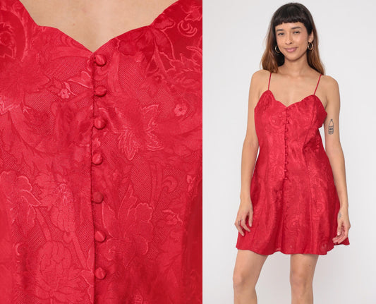 90s Victoria's Secret Red Floral Jacquard Mini Slip Dress Large