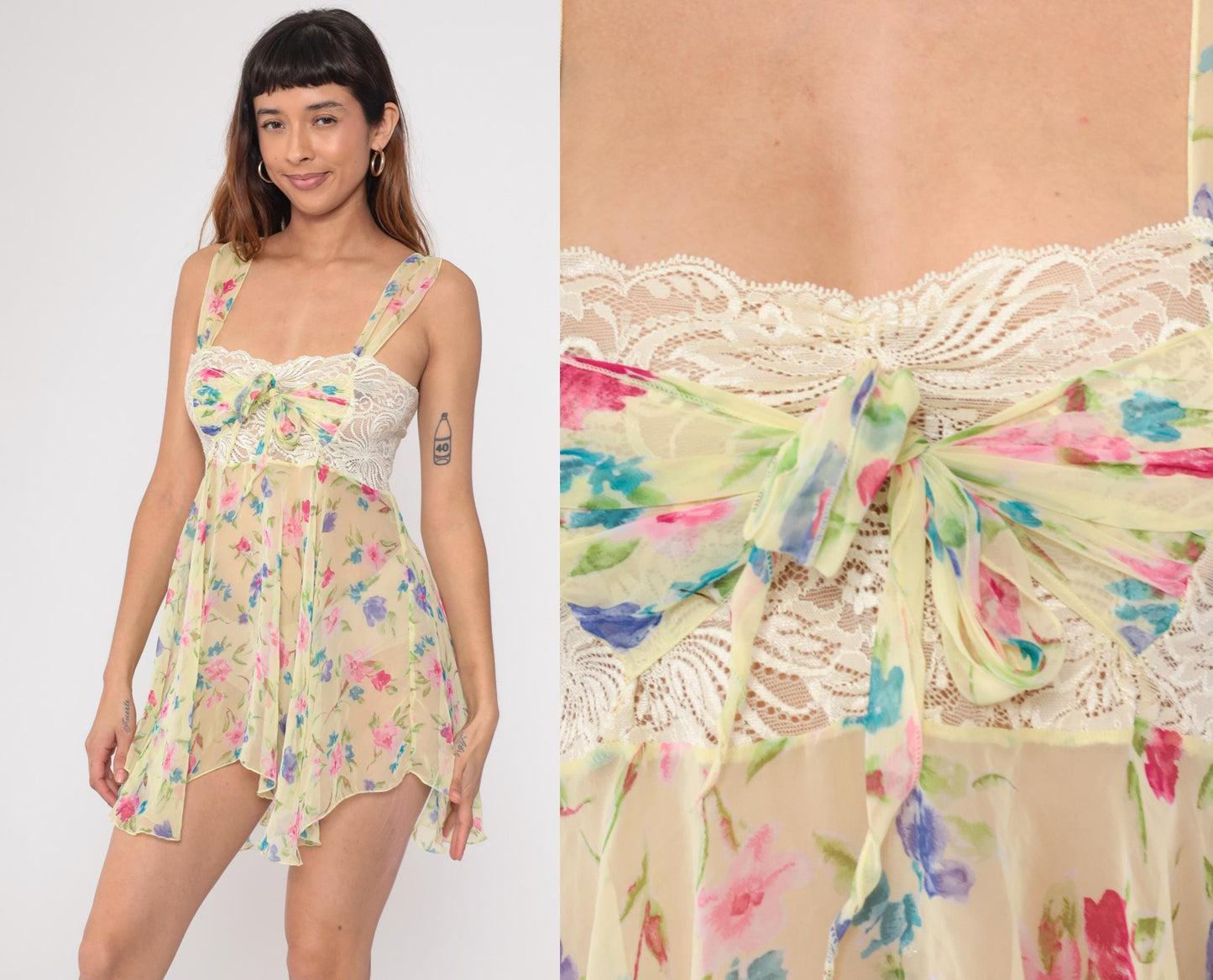 Y2K Victoria's Secret Floral Babydoll Mini Dress Pastel Lace Bow Small