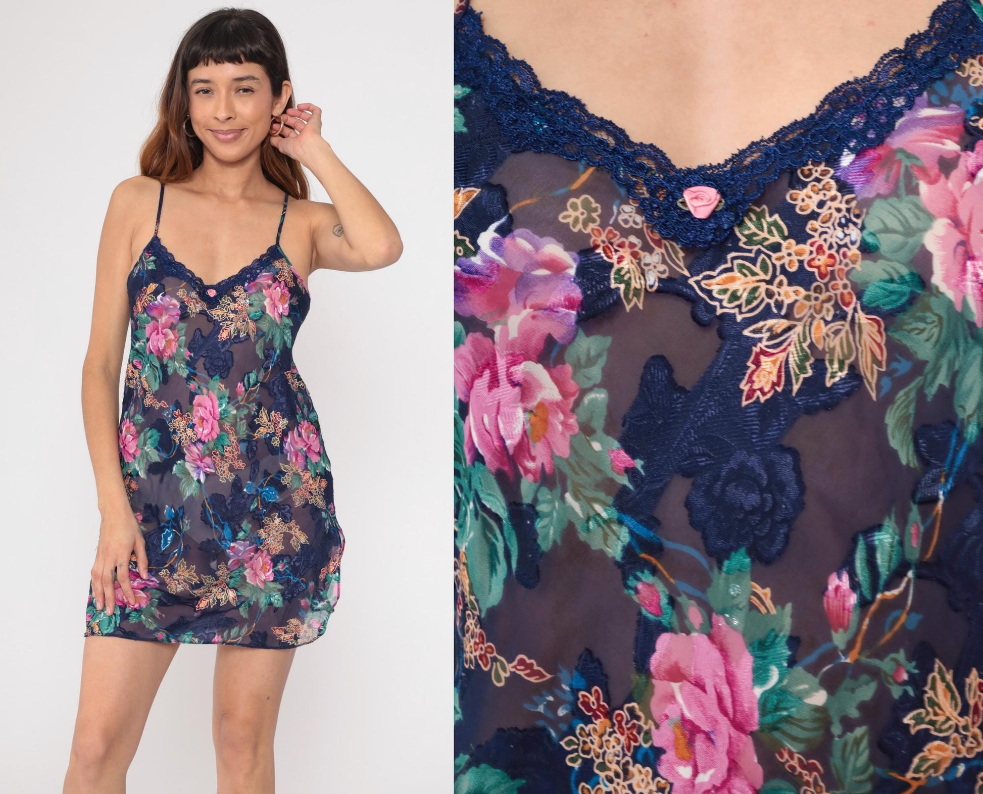 90s Navy Floral Mini Slip Dress Lace Trim Spaghetti Strap Medium M