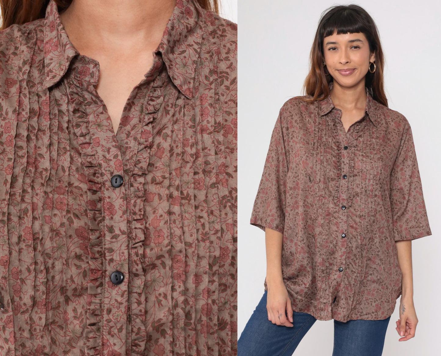 Y2K Sheryll Ellein Floral Button-Up Blouse Pintuck 3/4 Sleeve Beige Extra Large XXL