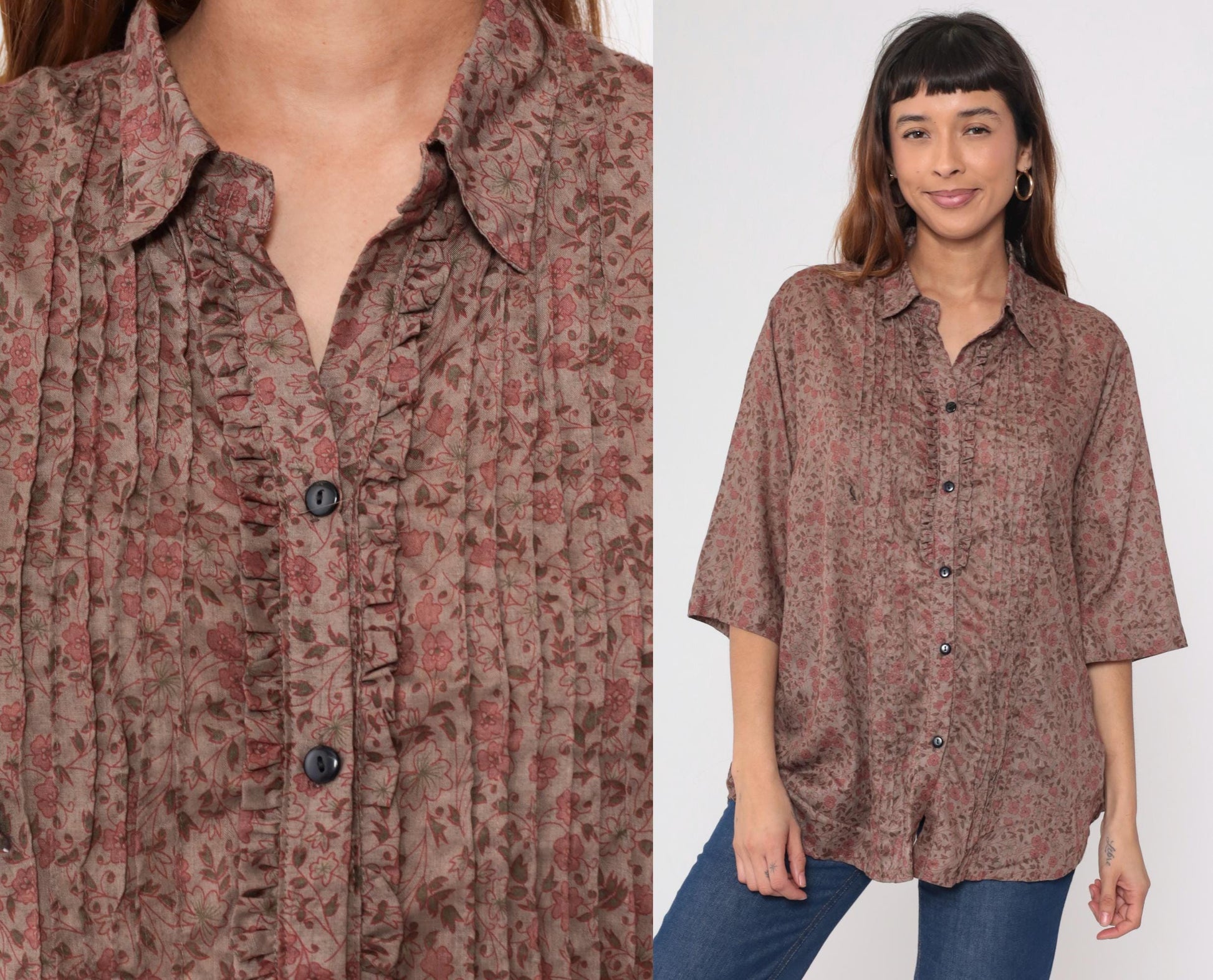 Y2K Sheryll Ellein Floral Button-Up Blouse Pintuck 3/4 Sleeve Beige Extra Large XXL