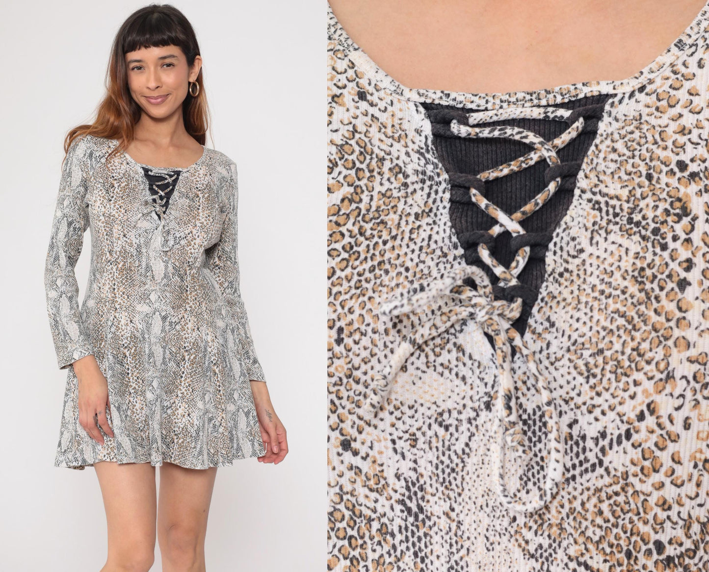 90s Snake Print Mini Dress Lace-Up Neckline Long Sleeve Grey Brown Medium