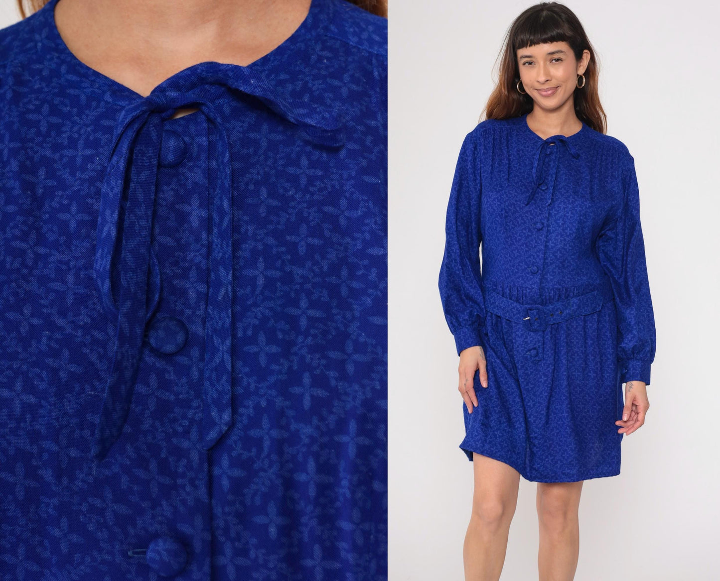 90s Royal Blue Tie Neck Shirt Dress Belted Waist Long Sleeve Medium
