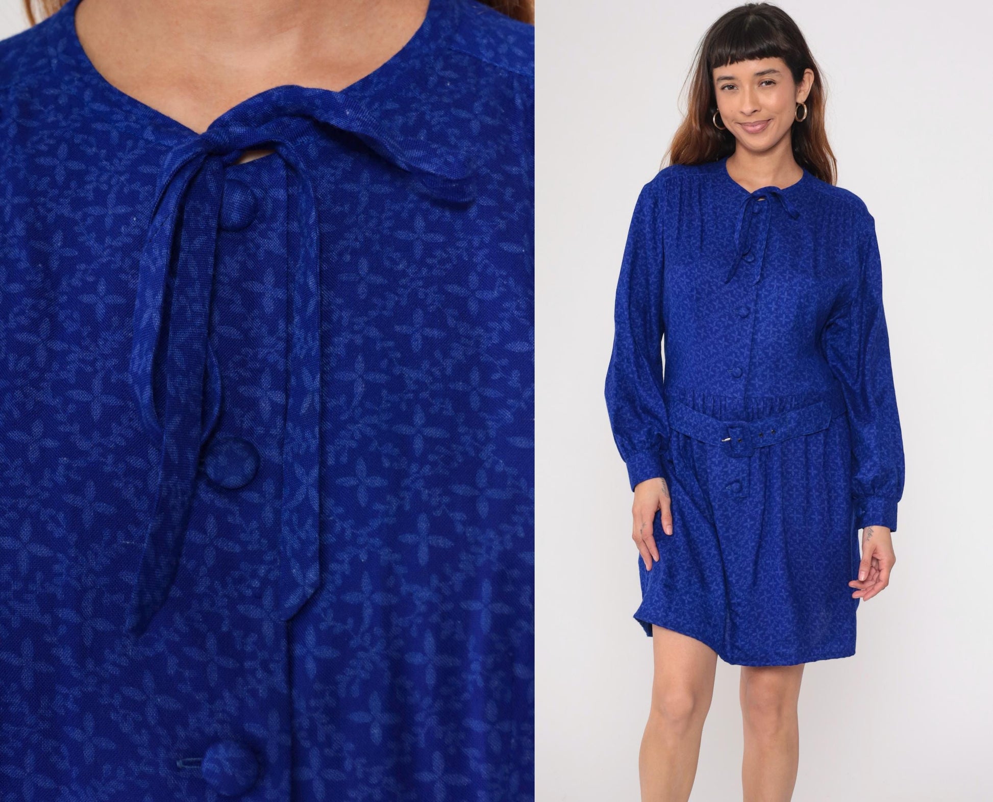 90s Royal Blue Tie Neck Shirt Dress Belted Waist Long Sleeve Medium