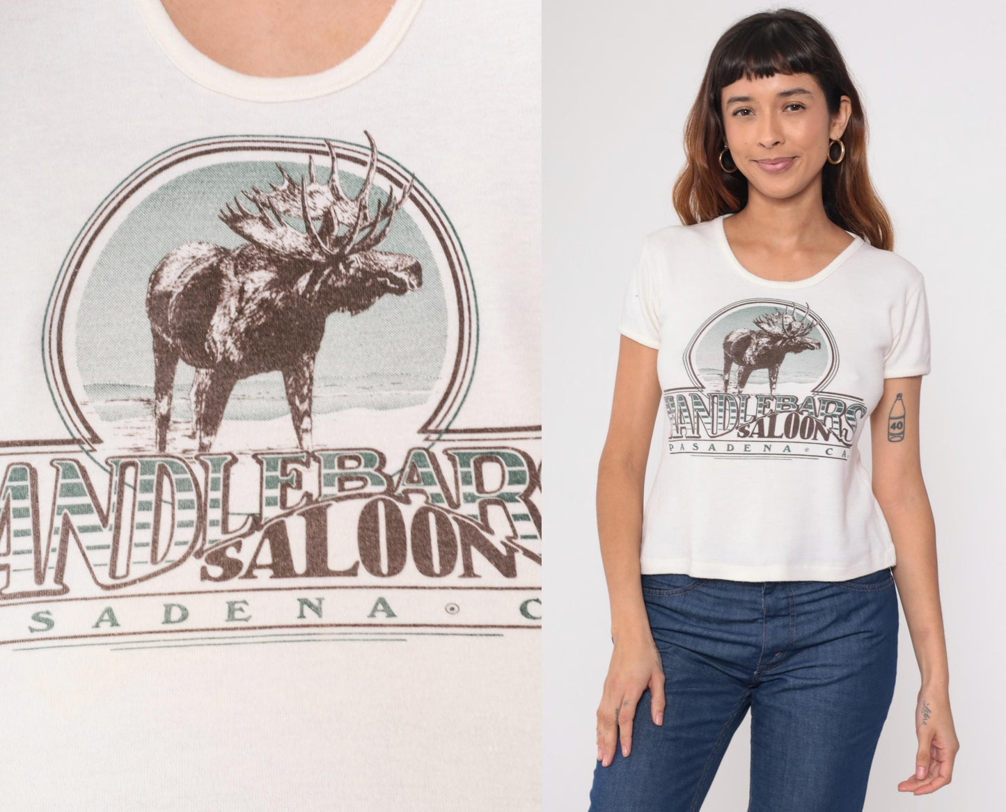 80s Handlebar Saloon Moose Graphic Tee Cream Cropped Large