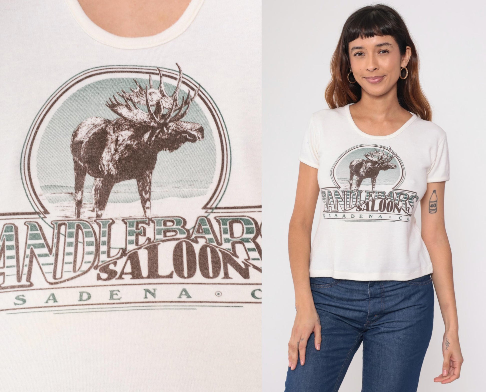 80s Handlebar Saloon Moose Graphic Tee Cream Cropped Large