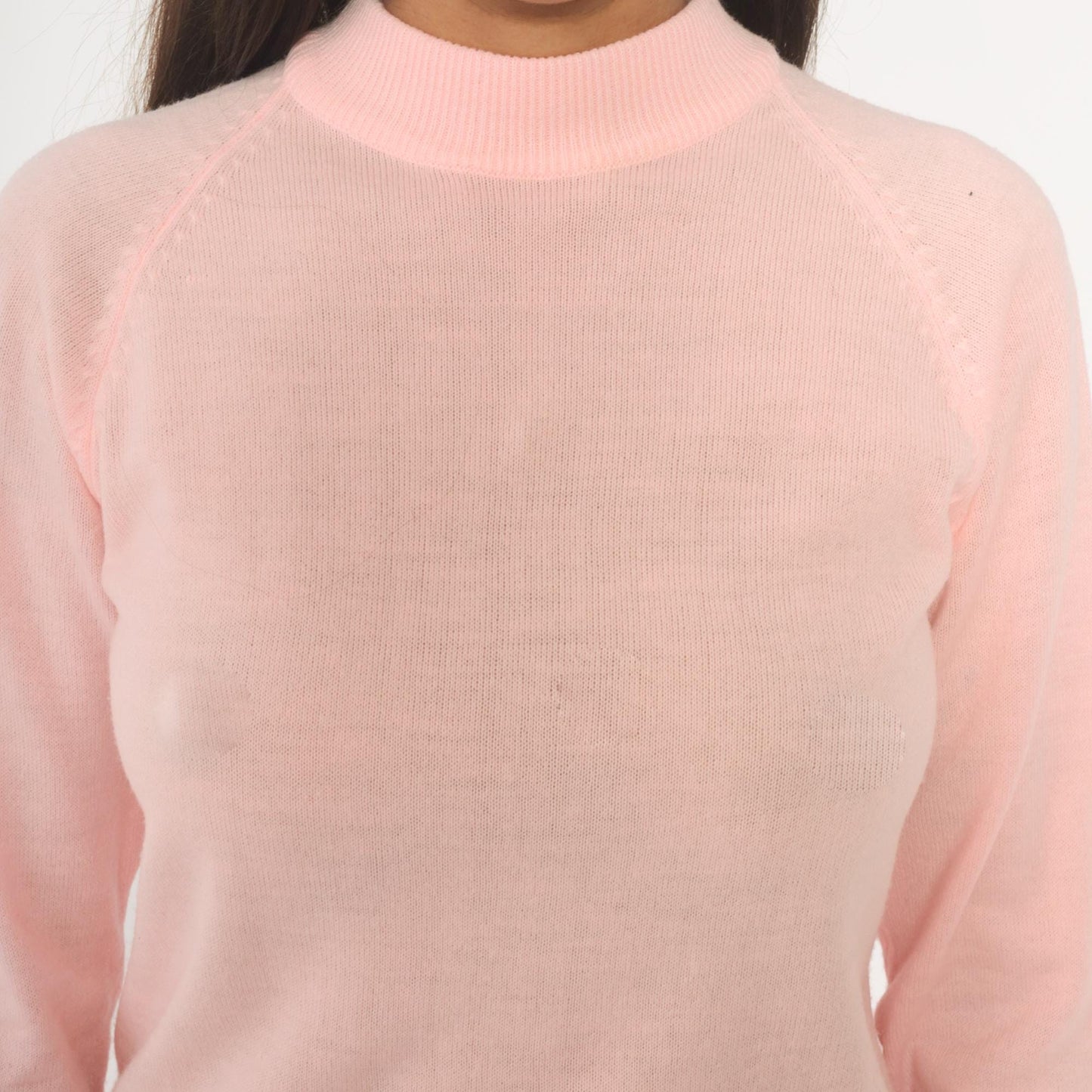 70s Pink Mock Neck Sweater Acrylic Knit Ribbed Cuffs Back Zip Small S