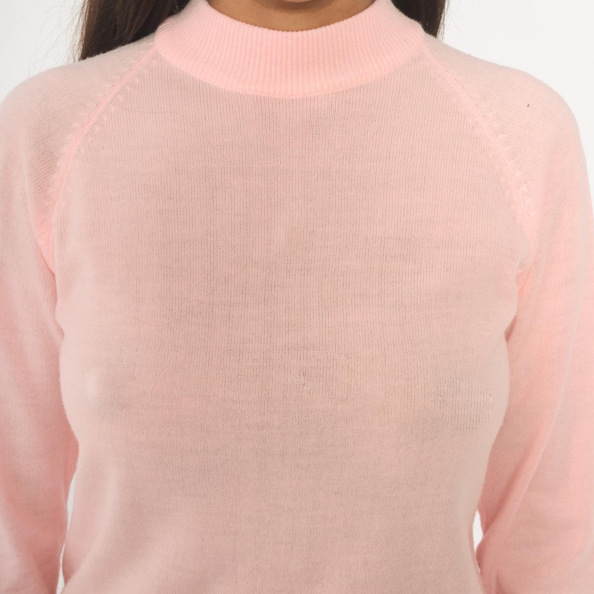70s Pink Mock Neck Sweater Acrylic Knit Ribbed Cuffs Back Zip Small S