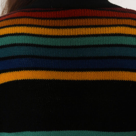 70s Black Cardigan Multicolor Striped Geometric Knit Sweater Medium M