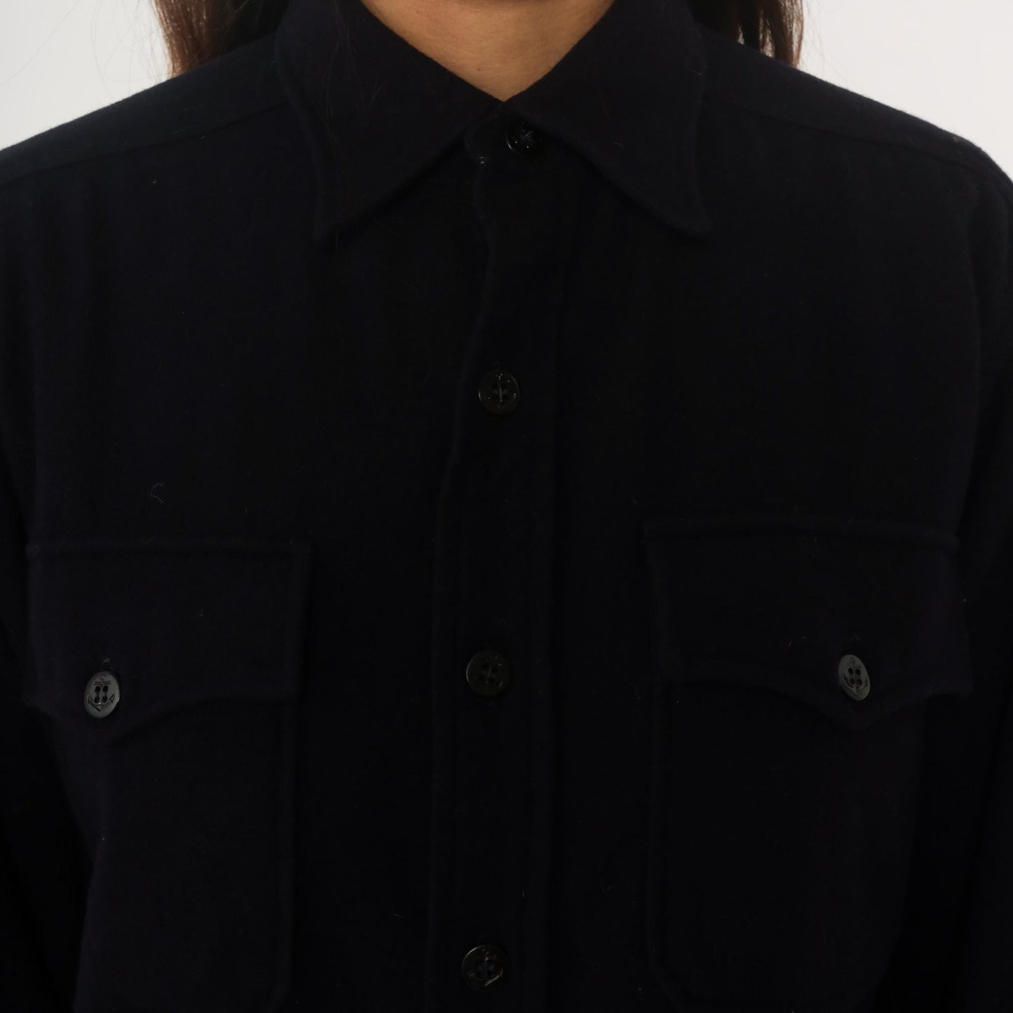 70s Dark Blue Wool CPO Shirt Button Front Pointed Collar Large
