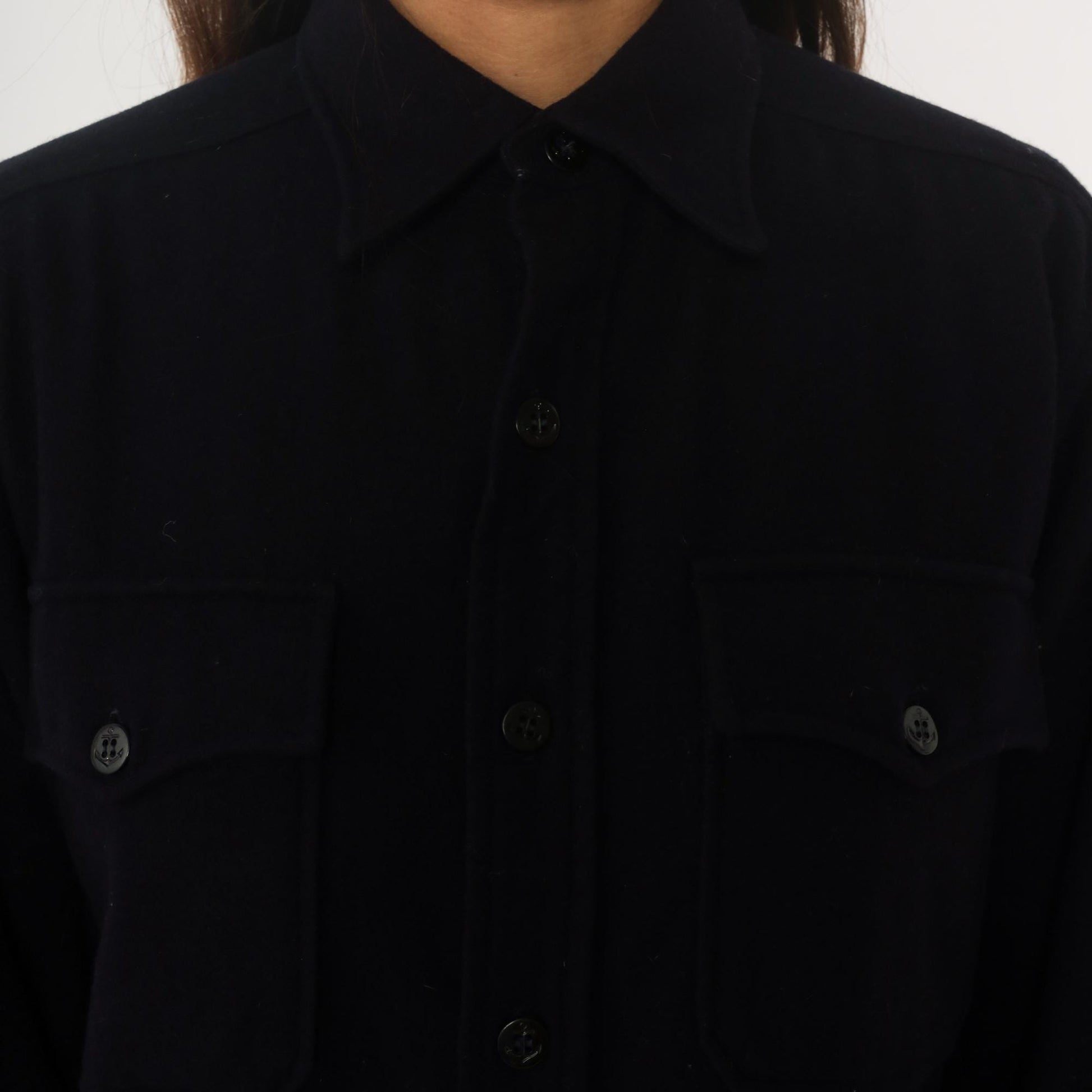 70s Dark Blue Wool CPO Shirt Button Front Pointed Collar Large
