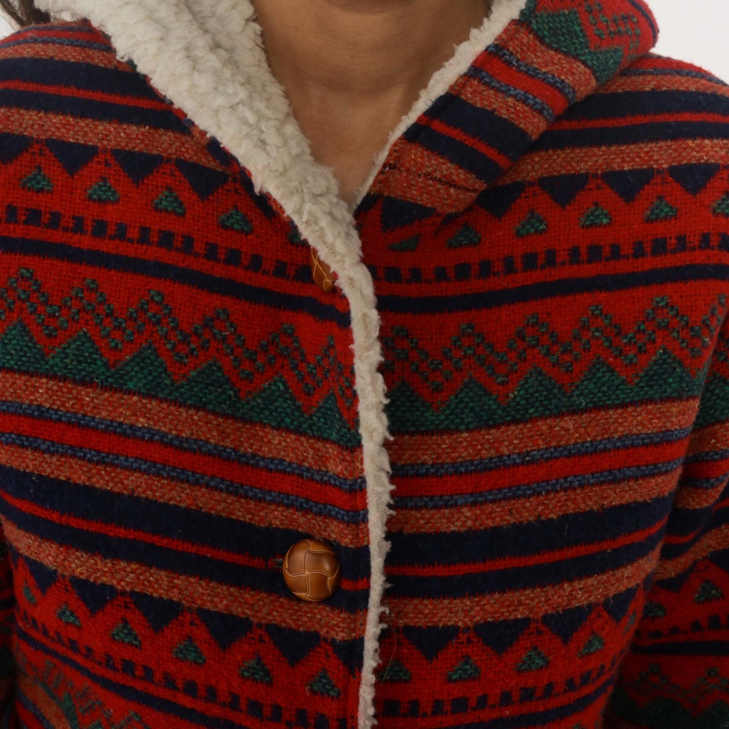 70s Southwestern Hooded Jacket Aztec Pattern Red Navy Orange Wool Blend Extra Small XS