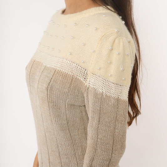 80s Lloyd Williams Beaded Colorblock Sweater Cream Beige Pearl Large