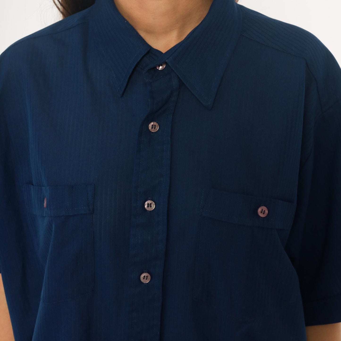 70s Navy Polyester Button-Up Shirt Short Sleeve Chest Pockets Extra Large